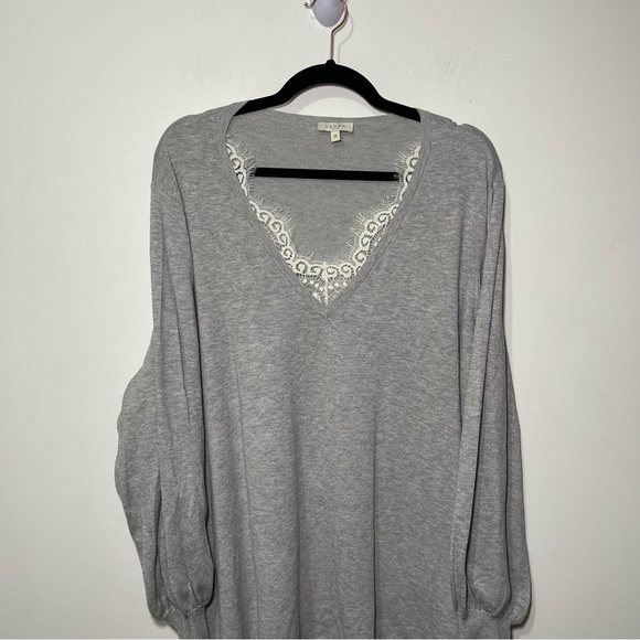 Laura Womens Grey Lace Trim V-Neck long balloon sleeve preppy knit sweater in 3X - Picture 2 of 8